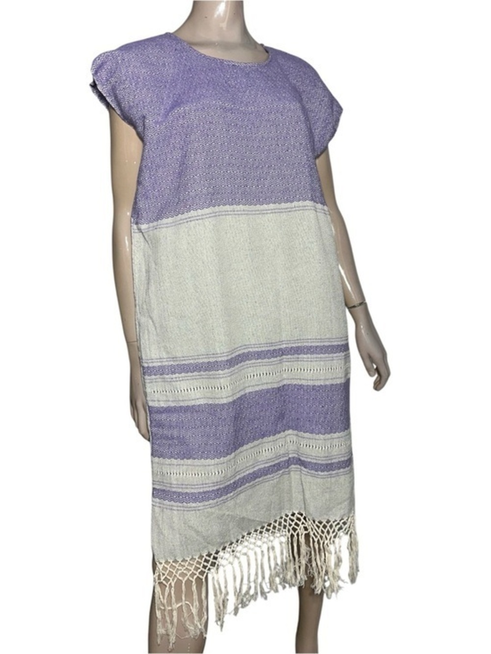 Nativa Women’s Size M Purple Lavender Cream Striped Fringe Hem Midi Kaftan Dress